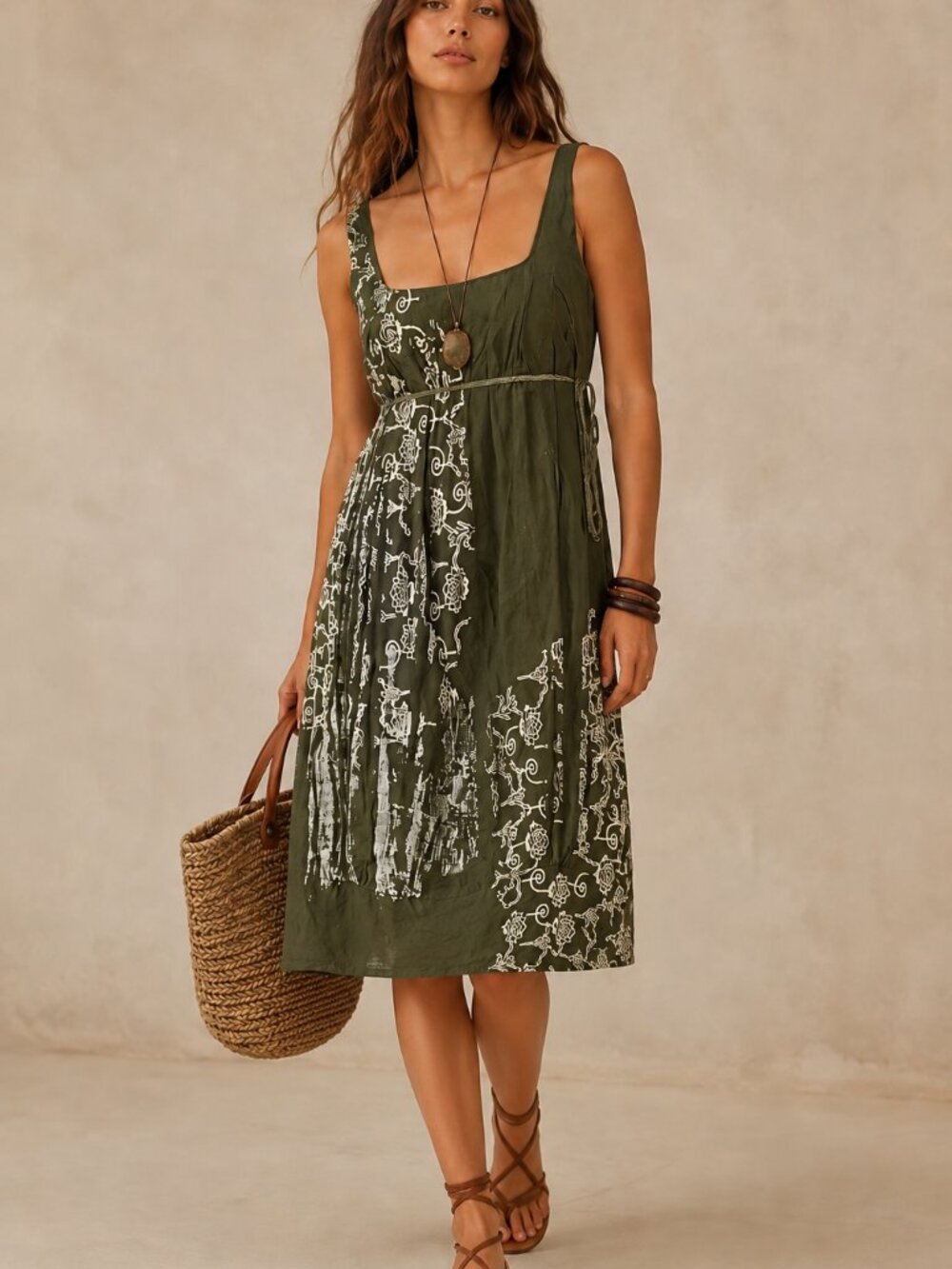 Adolfo Dominguez Olive Green Empire Waist Cotton Dress EU 40 US 10 Arts